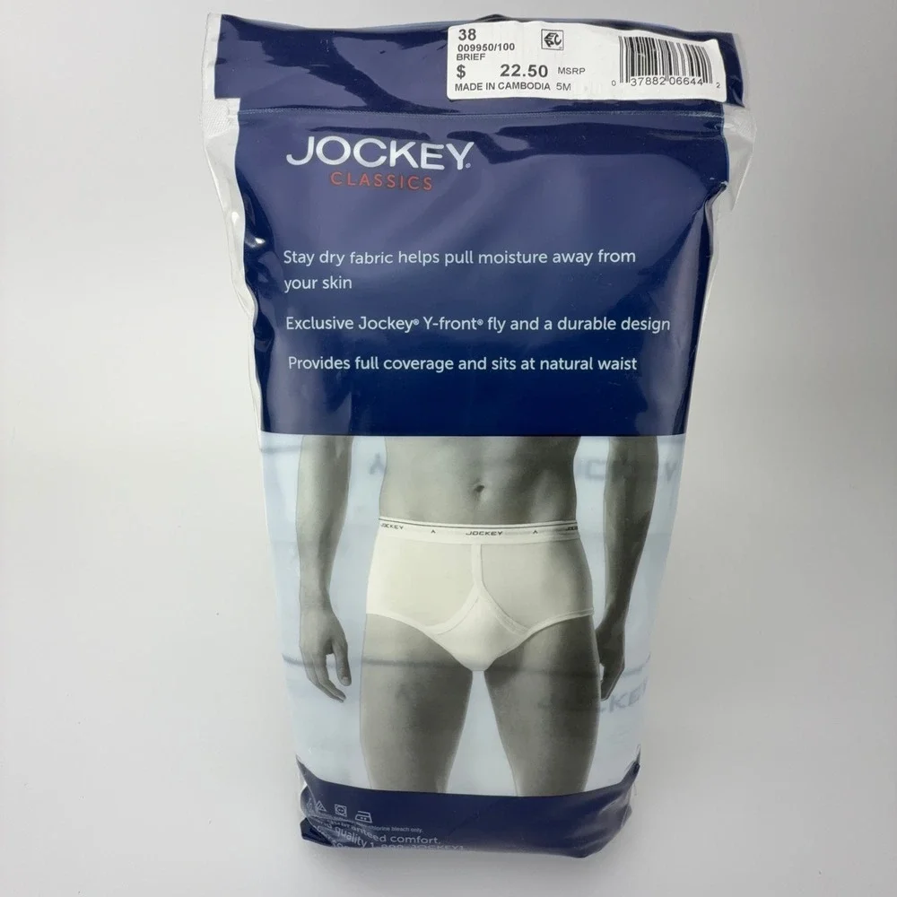 Jockey Classics Mens 3-Pack Briefs Diamond White Y-Front Fly 100% Cotton Size 38